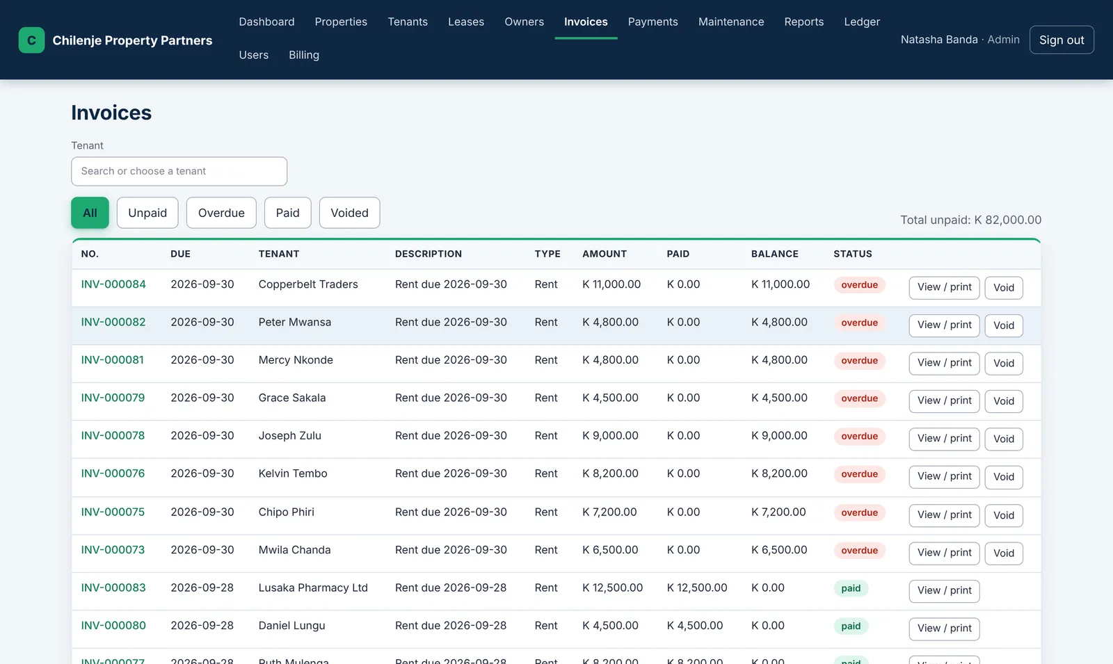 Rent invoices, generated every month and tracked until they are paid.