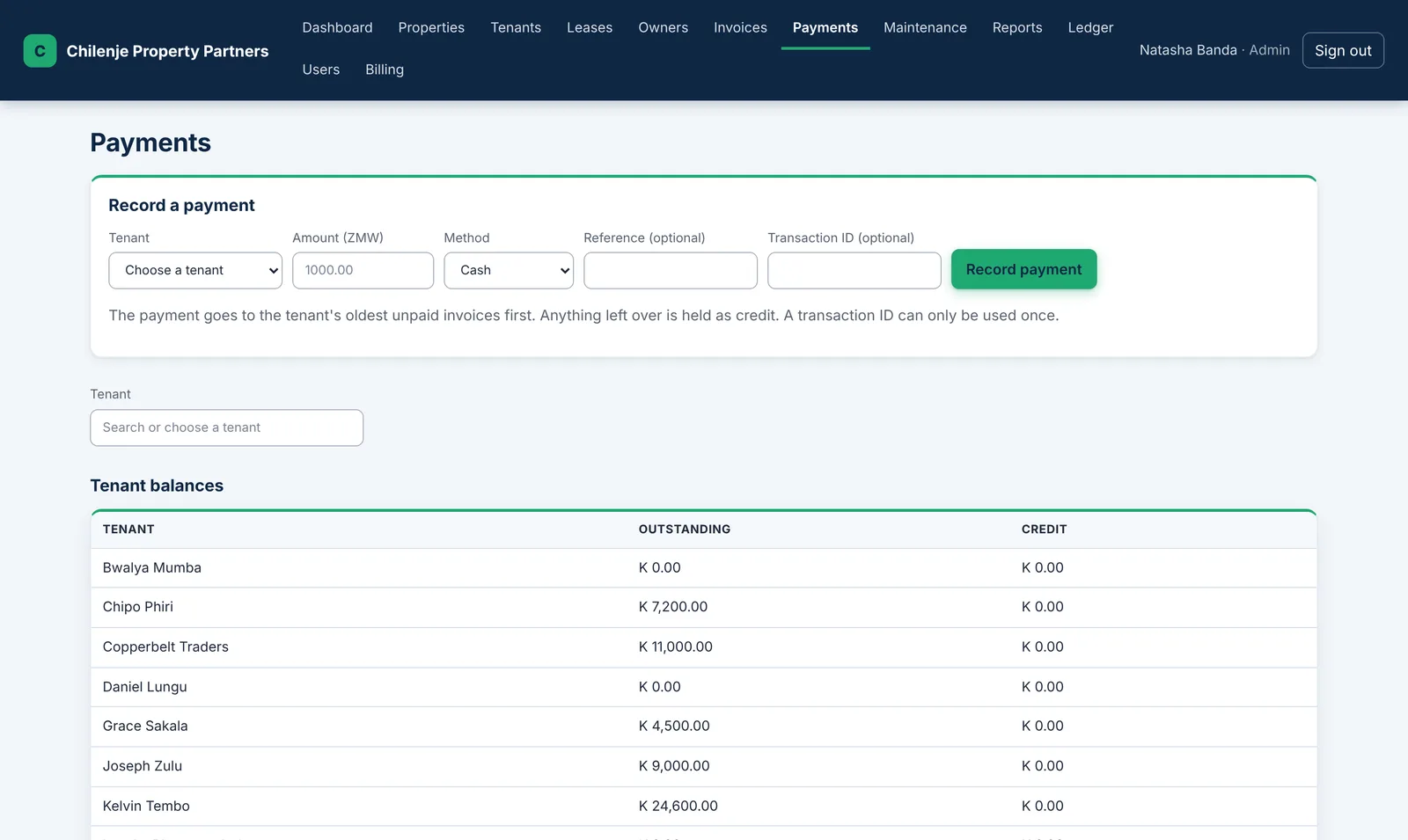 Record a payment by cash, bank or mobile money, and see every tenant's balance.