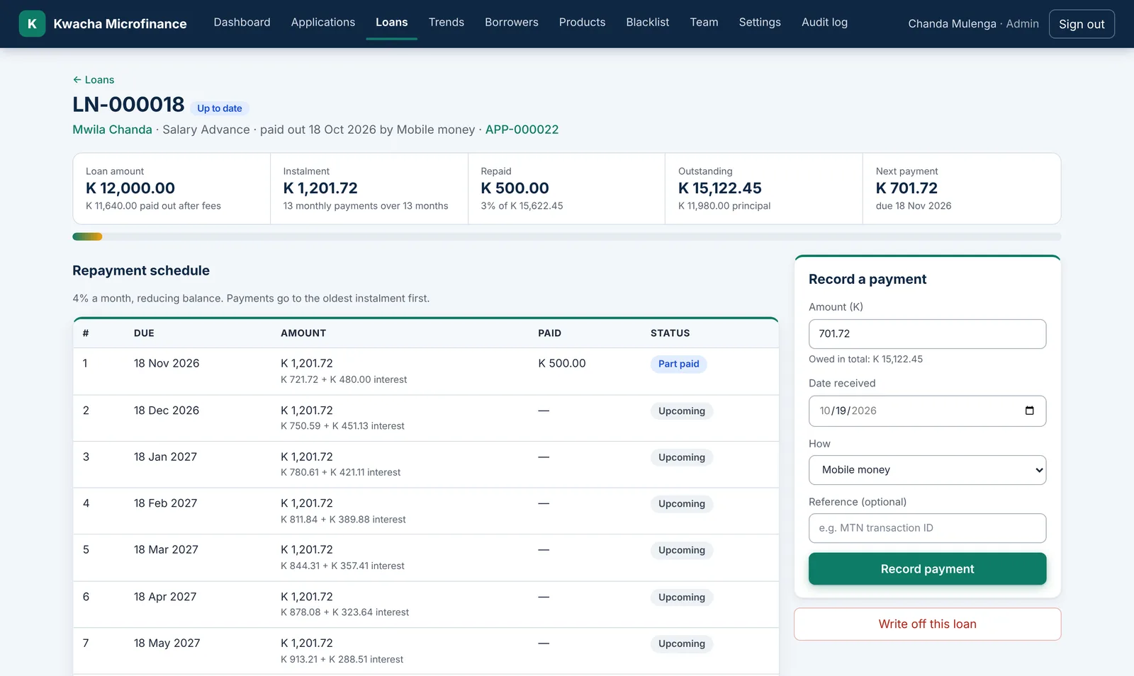 A loan with its repayment schedule, payments and next due date.